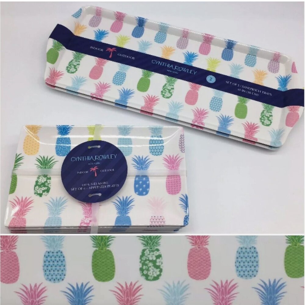 8pc Cynthia Rowley Pineapple Melamine Serving Tray Appetizer Plate Set Tropical